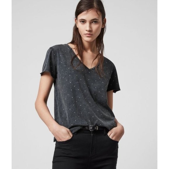 All Saints Women Emelyn V-Neck Stud T-Shirt Top S - Picture 1 of 6